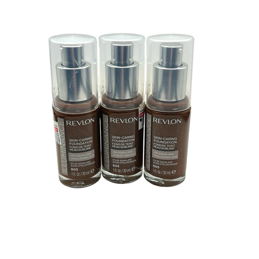 Lot of 3 Revlon Illuminance Skin-Caring Foundation 605 Rich Mahogany 1 fl oz New